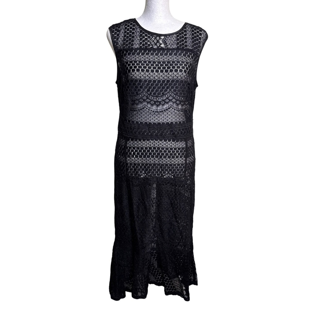 Nanette Lepore Black Lace Dress L 10 Womens Sleeveless Midi Cocktail Goth Modern